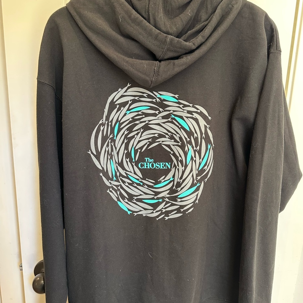 THE CHOSEN HOODIE‎ SIZE L ZIPPER Front W/POUCH pockets BLACK - FISH GRAY/TEAL - Picture 2 of 4